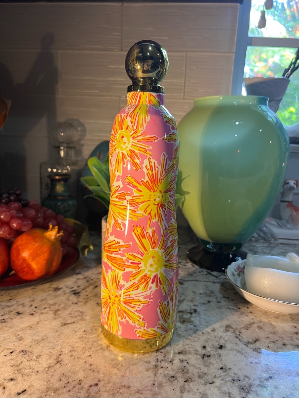 L Pulitzer Pink Yellow Stainless Travel Bottle with Gold Cap NWOT